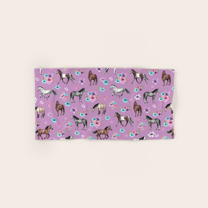 Purple Horse and Flower Print, Hand Drawn, Horse Illustration, Little Girls Decor Bath Towel Gallery Image 1