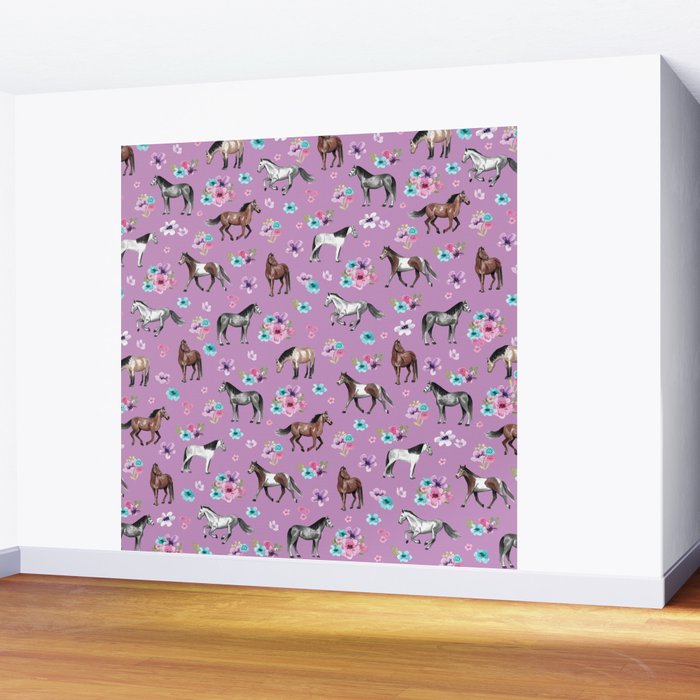 Purple Horse and Flower Print, Hand Drawn, Horse Illustration, Little Girls Decor Wall Mural Gallery Image 2