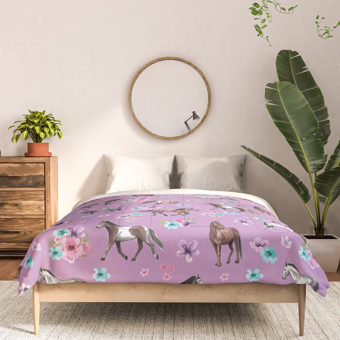 Purple Horse and Flower Print, Hand Drawn, Horse Illustration, Little Girls Decor Comforter Gallery Image 3