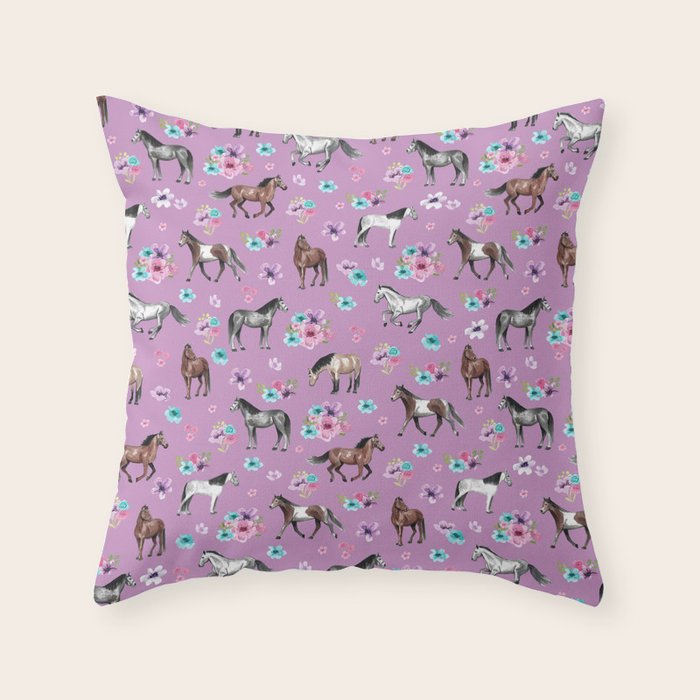 Purple Horse and Flower Print, Hand Drawn, Horse Illustration, Little Girls Decor Throw Pillow Gallery Image 6