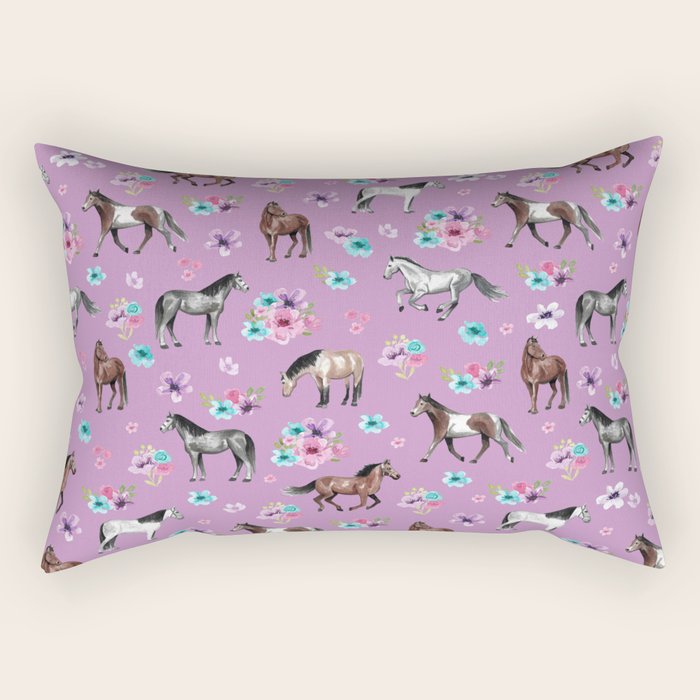 Purple Horse and Flower Print, Hand Drawn, Horse Illustration, Little Girls Decor Rectangular Pillow Gallery Image 1