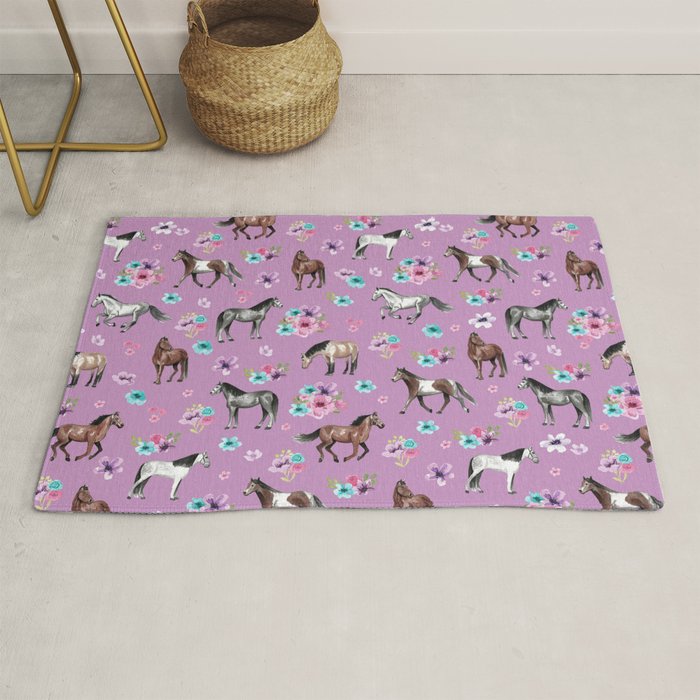Purple Horse and Flower Print, Hand Drawn, Horse Illustration, Little Girls Decor Rug Gallery Image 1
