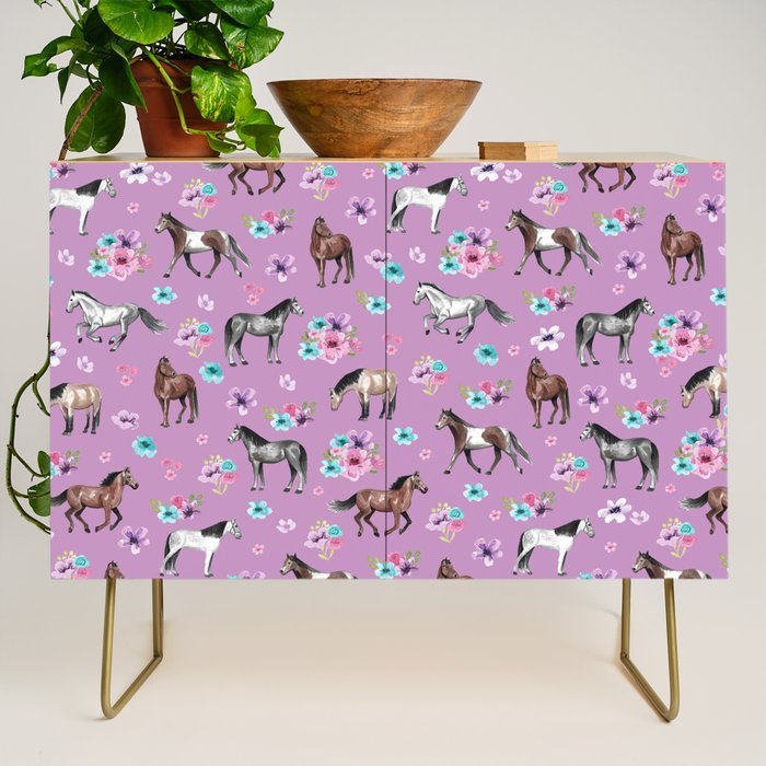 Purple Horse and Flower Print, Hand Drawn, Horse Illustration, Little Girls Decor Credenza Gallery Image 1