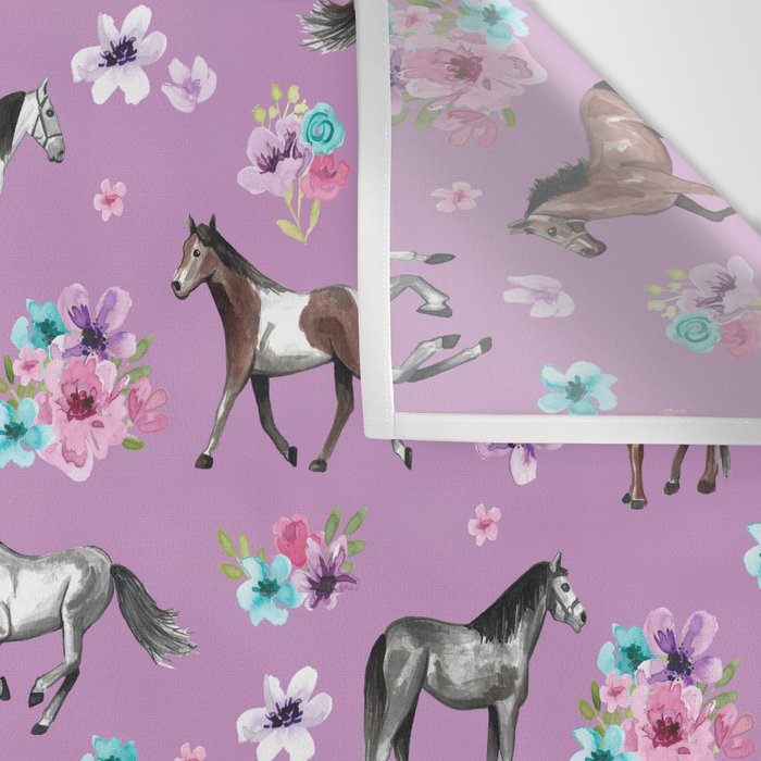 Purple Horse and Flower Print, Hand Drawn, Horse Illustration, Little Girls Decor Wall Tapestry Gallery Image 3