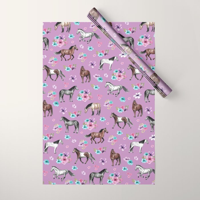 Purple Horse and Flower Print, Hand Drawn, Horse Illustration, Little Girls Decor Wrapping Paper Gallery Image 1