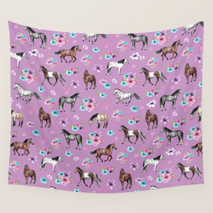 Purple Horse and Flower Print, Hand Drawn, Horse Illustration, Little Girls Decor Wall Tapestry Gallery Image 1
