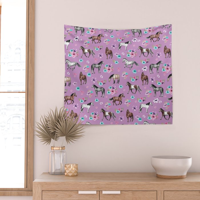 Purple Horse and Flower Print, Hand Drawn, Horse Illustration, Little Girls Decor Wall Tapestry Gallery Image 2