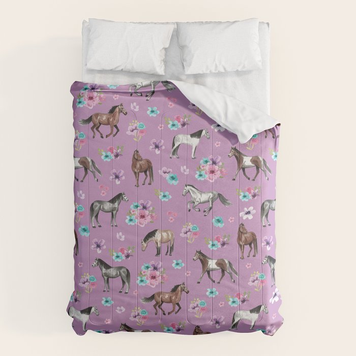 Purple Horse and Flower Print, Hand Drawn, Horse Illustration, Little Girls Decor Comforter Gallery Image 1