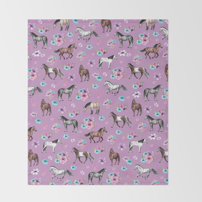 Purple Horse and Flower Print, Hand Drawn, Horse Illustration, Little Girls Decor Throw Blanket Gallery Image 2