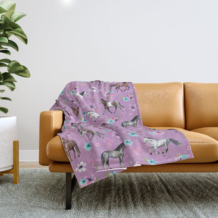 Purple Horse and Flower Print, Hand Drawn, Horse Illustration, Little Girls Decor Throw Blanket Gallery Image 1