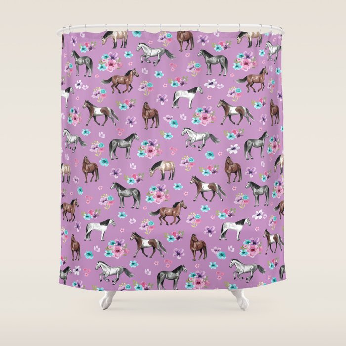 Purple Horse and Flower Print, Hand Drawn, Horse Illustration, Little Girls Decor Shower Curtain Gallery Image 1