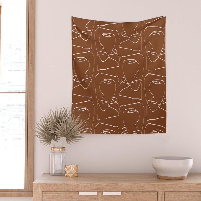 Line Art Woman Face Burnt Orange Wall Tapestry Gallery Image 2