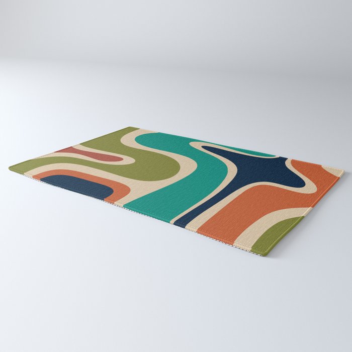 Copacetic Retro Abstract in Mid Mod Teal Blue Olive Green Orange Beige  Rug Gallery Image 3