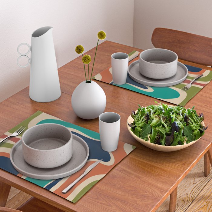 Copacetic Retro Abstract in Mid Mod Teal Blue Olive Green Orange Beige  Placemat Gallery Image 2