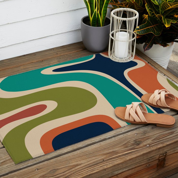 Copacetic Retro Abstract in Mid Mod Teal Blue Olive Green Orange Beige  Outdoor Rug Gallery Image 2