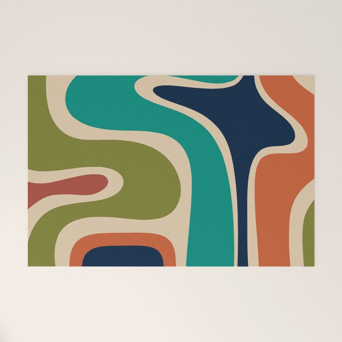 Copacetic Retro Abstract in Mid Mod Teal Blue Olive Green Orange Beige  Welcome Mat Gallery Image 1