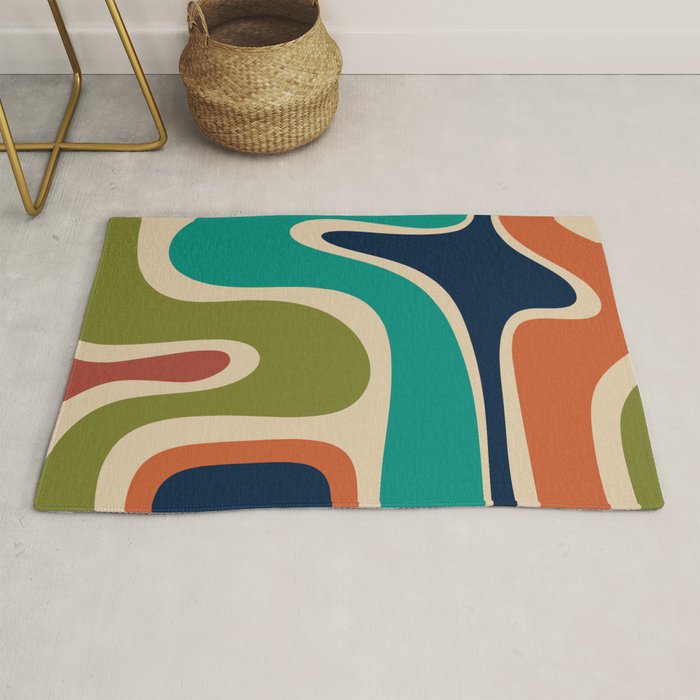 Copacetic Retro Abstract in Mid Mod Teal Blue Olive Green Orange Beige  Rug Gallery Image 1