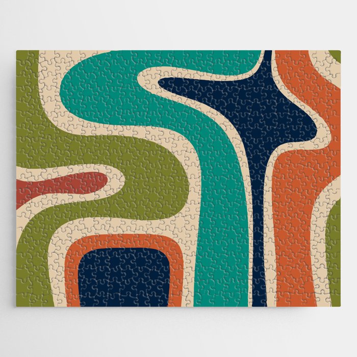 Copacetic Retro Abstract in Mid Mod Teal Blue Olive Green Orange Beige  Jigsaw Puzzle Gallery Image 1