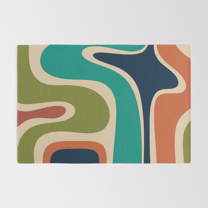Copacetic Retro Abstract in Mid Mod Teal Blue Olive Green Orange Beige  Rug Gallery Image 2