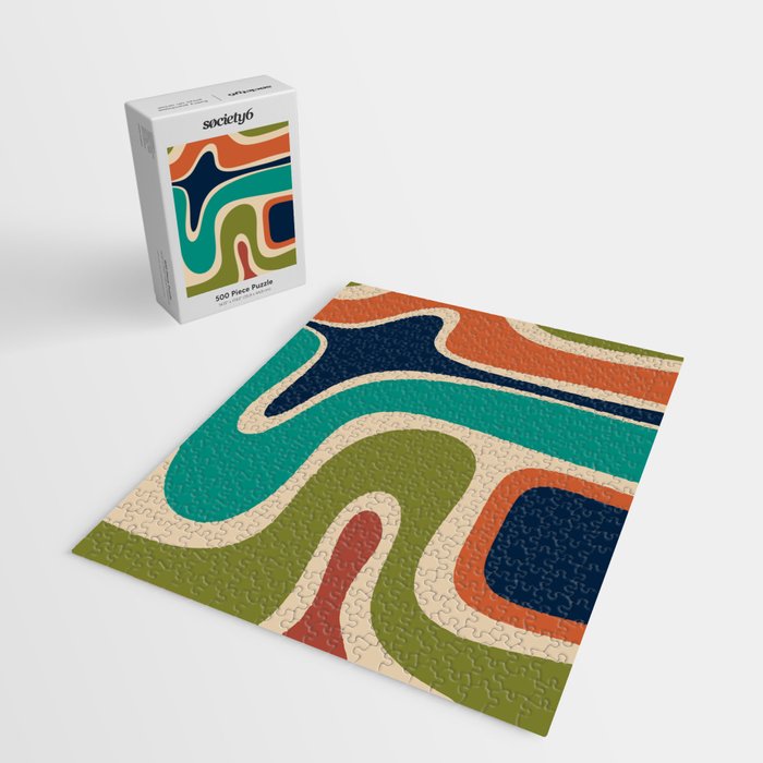 Copacetic Retro Abstract in Mid Mod Teal Blue Olive Green Orange Beige  Jigsaw Puzzle Gallery Image 2