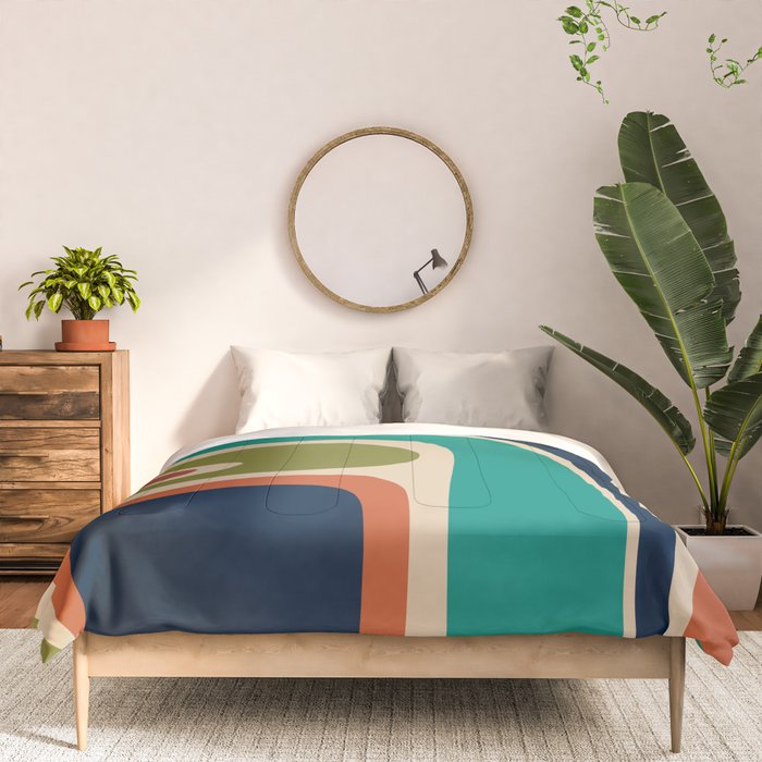 Copacetic Retro Abstract in Mid Mod Teal Blue Olive Green Orange Beige  Comforter Gallery Image 3