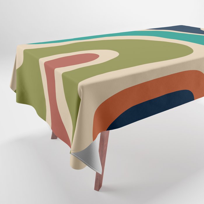 Copacetic Retro Abstract in Mid Mod Teal Blue Olive Green Orange Beige  Tablecloth Gallery Image 1