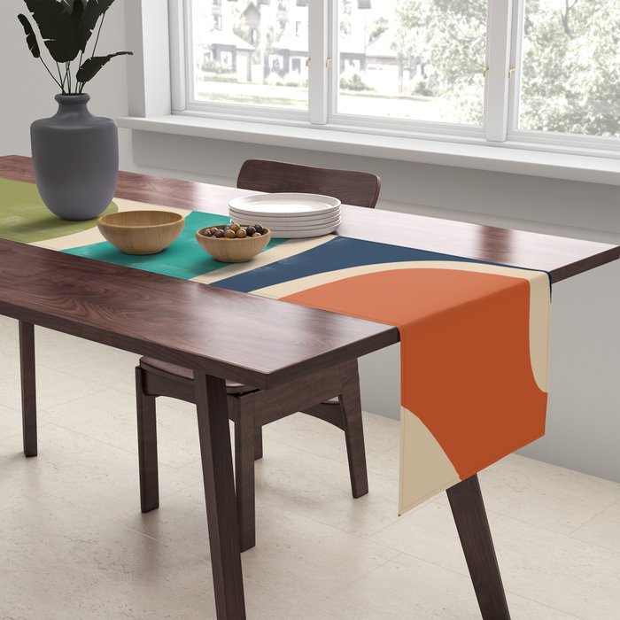Copacetic Retro Abstract in Mid Mod Teal Blue Olive Green Orange Beige  Table Runner Gallery Image 2
