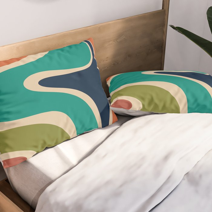 Copacetic Retro Abstract in Mid Mod Teal Blue Olive Green Orange Beige  Pillow Sham Gallery Image 2