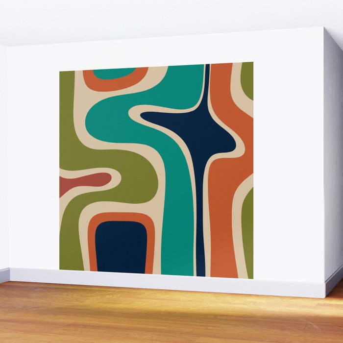 Copacetic Retro Abstract in Mid Mod Teal Blue Olive Green Orange Beige  Wall Mural Gallery Image 2