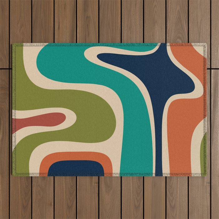 Copacetic Retro Abstract in Mid Mod Teal Blue Olive Green Orange Beige  Outdoor Rug Gallery Image 1
