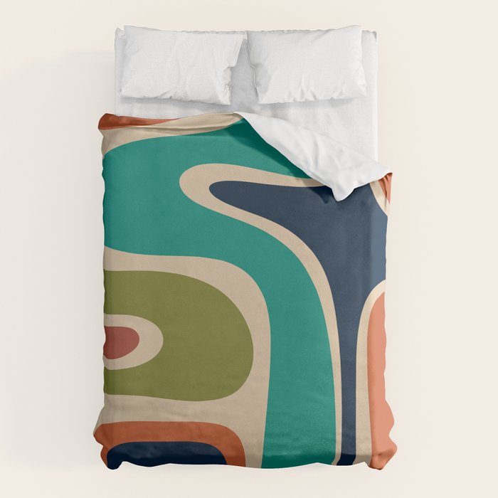 Copacetic Retro Abstract in Mid Mod Teal Blue Olive Green Orange Beige  Duvet Cover Gallery Image 6