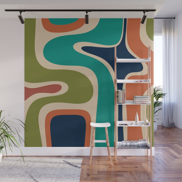 Copacetic Retro Abstract in Mid Mod Teal Blue Olive Green Orange Beige  Wall Mural Gallery Image 1