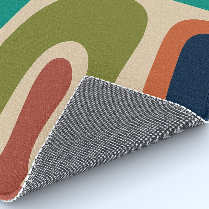 Copacetic Retro Abstract in Mid Mod Teal Blue Olive Green Orange Beige  Rug Gallery Image 4