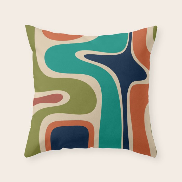 Copacetic Retro Abstract in Mid Mod Teal Blue Olive Green Orange Beige  Throw Pillow Gallery Image 6