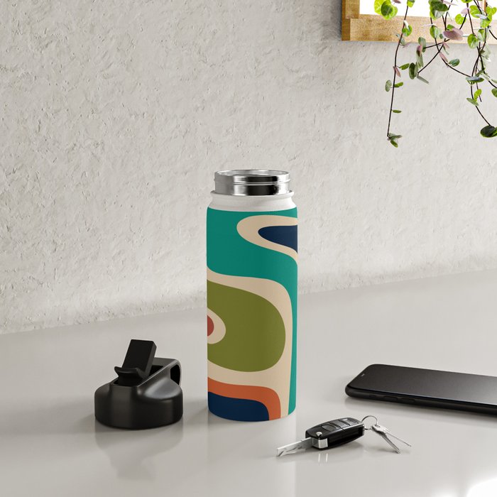 Copacetic Retro Abstract in Mid Mod Teal Blue Olive Green Orange Beige  Water Bottle Gallery Image 4