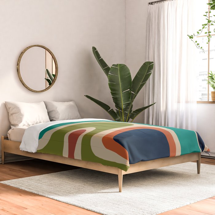 Copacetic Retro Abstract in Mid Mod Teal Blue Olive Green Orange Beige  Comforter Gallery Image 2
