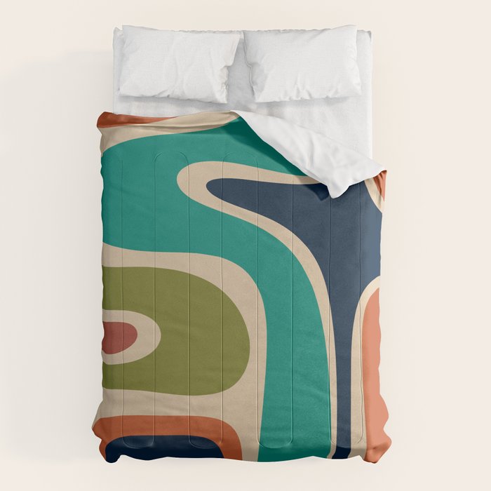 Copacetic Retro Abstract in Mid Mod Teal Blue Olive Green Orange Beige  Comforter Gallery Image 6