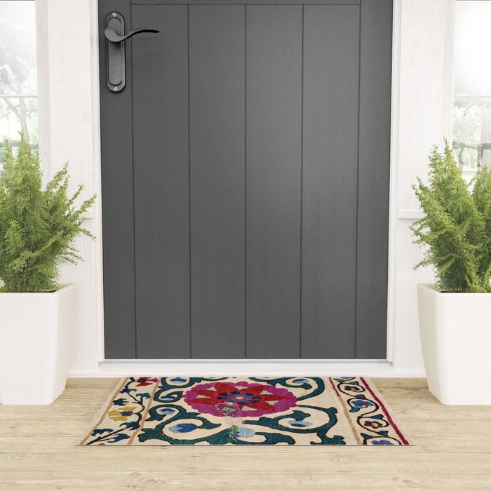 Shakhrisyabz Suzani Joynamoz Uzbekistan Floral Embroidery Print Welcome Mat Gallery Image 3