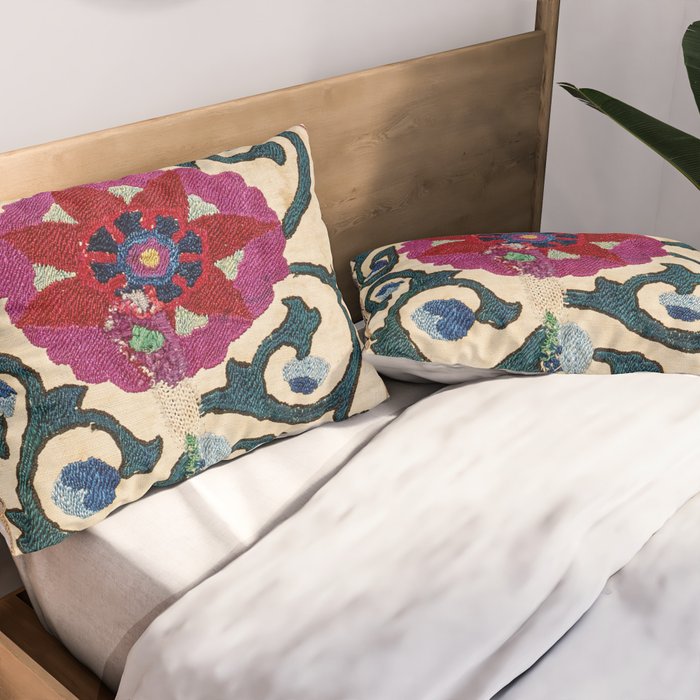 Shakhrisyabz Suzani Joynamoz Uzbekistan Floral Embroidery Print Pillow Sham Gallery Image 2