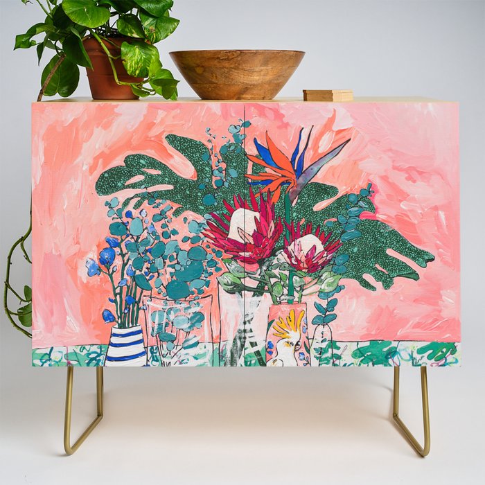 Cockatoo Vase - Bouquet of Flowers on Coral and Jungle Credenza Gallery Image 1