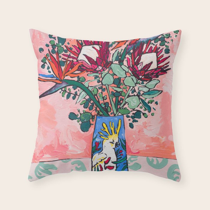 Cockatoo Vase on Painterly Pink Throw Pillow Gallery Image 1