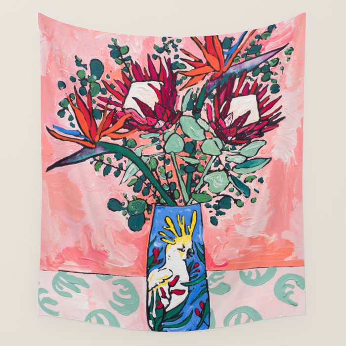 Cockatoo Vase on Painterly Pink Wall Tapestry Gallery Image 1