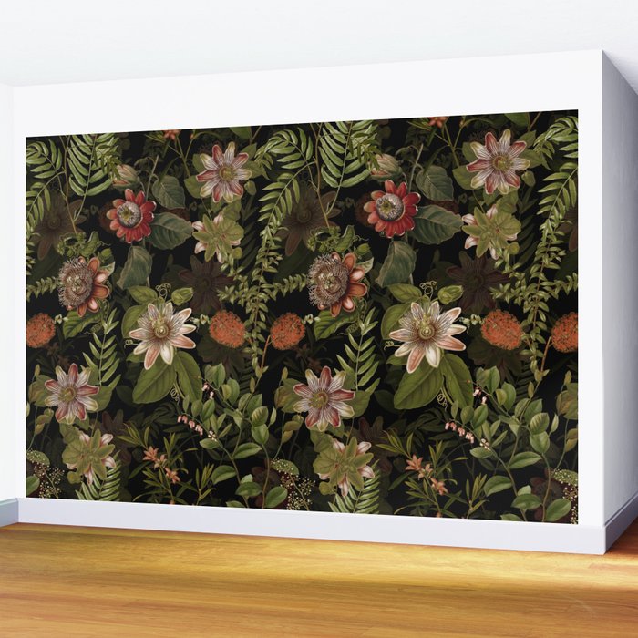 Midnight Summer Sepia Exotic Passiflora Flowers Garden Wall Mural Gallery Image 2