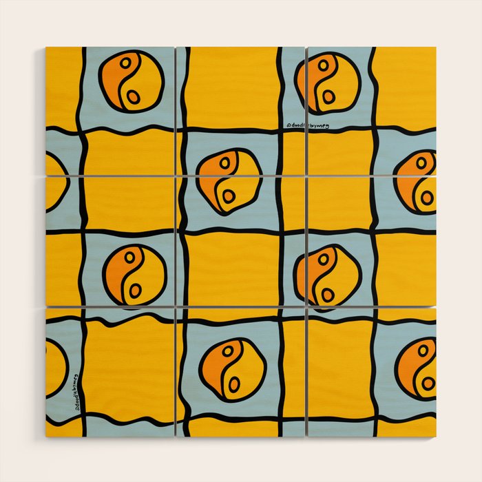 Yellow Ying Yang Checkered Print Wood Wall Art Gallery Image 1