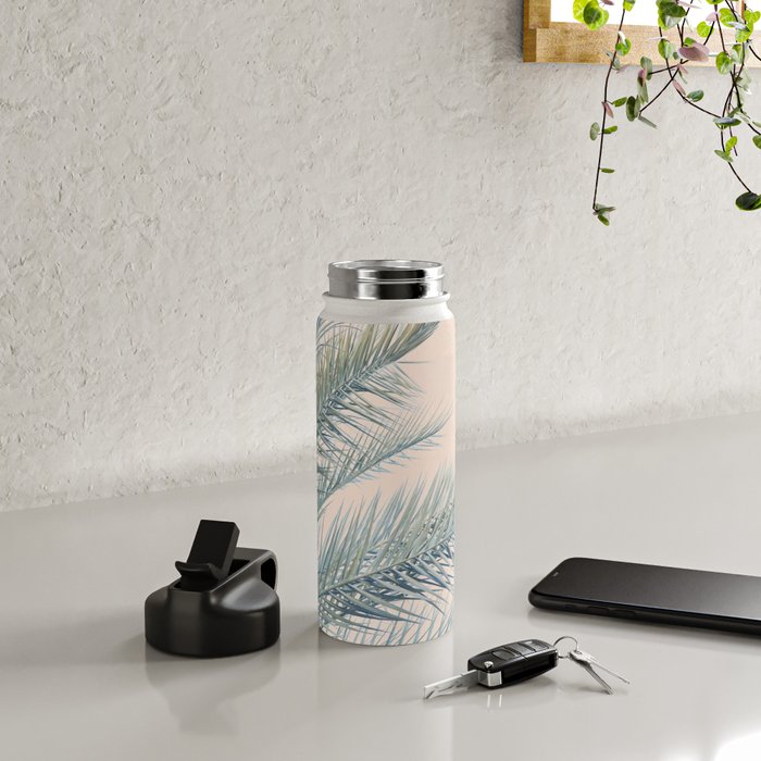 Tropical Palms on Blush Pink, Boho Nature Photography Water Bottle Gallery Image 4