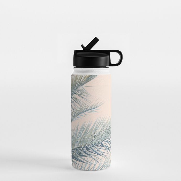 Tropical Palms on Blush Pink, Boho Nature Photography Water Bottle Gallery Image 1