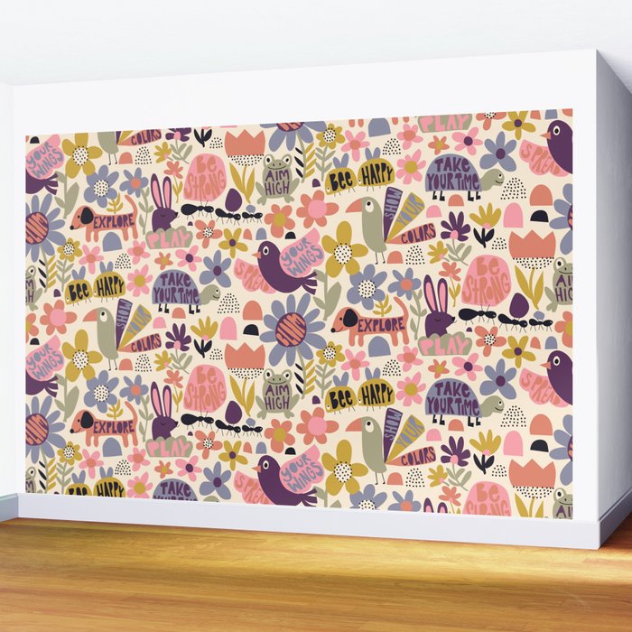 Playful Meadow Cute Animals with Motivational Affirmations - Soft Regal Wall Mural Gallery Image 2
