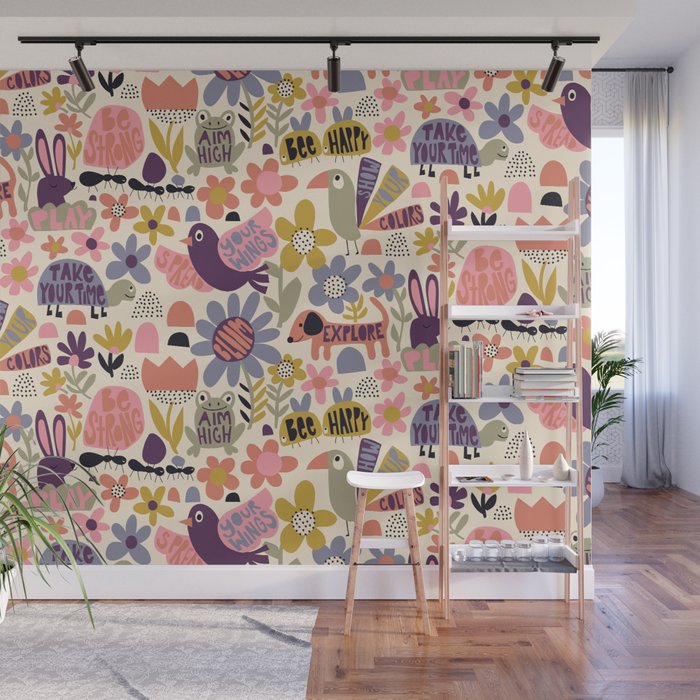 Playful Meadow Cute Animals with Motivational Affirmations - Soft Regal Wall Mural Gallery Image 1