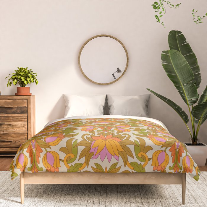 Orange, Pink Flowers and Green Leaves 1960s Retro Vintage Pattern Comforter Gallery Image 3