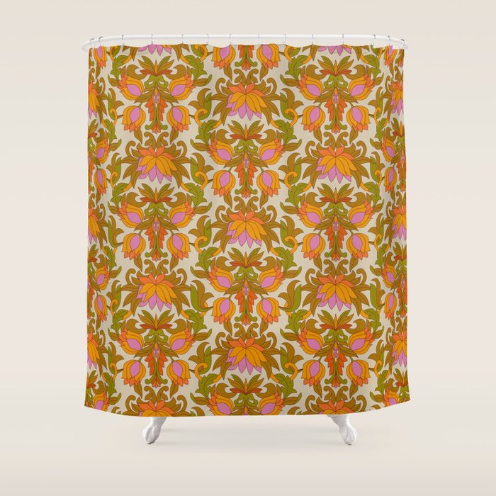 Orange, Pink Flowers and Green Leaves 1960s Retro Vintage Pattern Shower Curtain Gallery Image 1